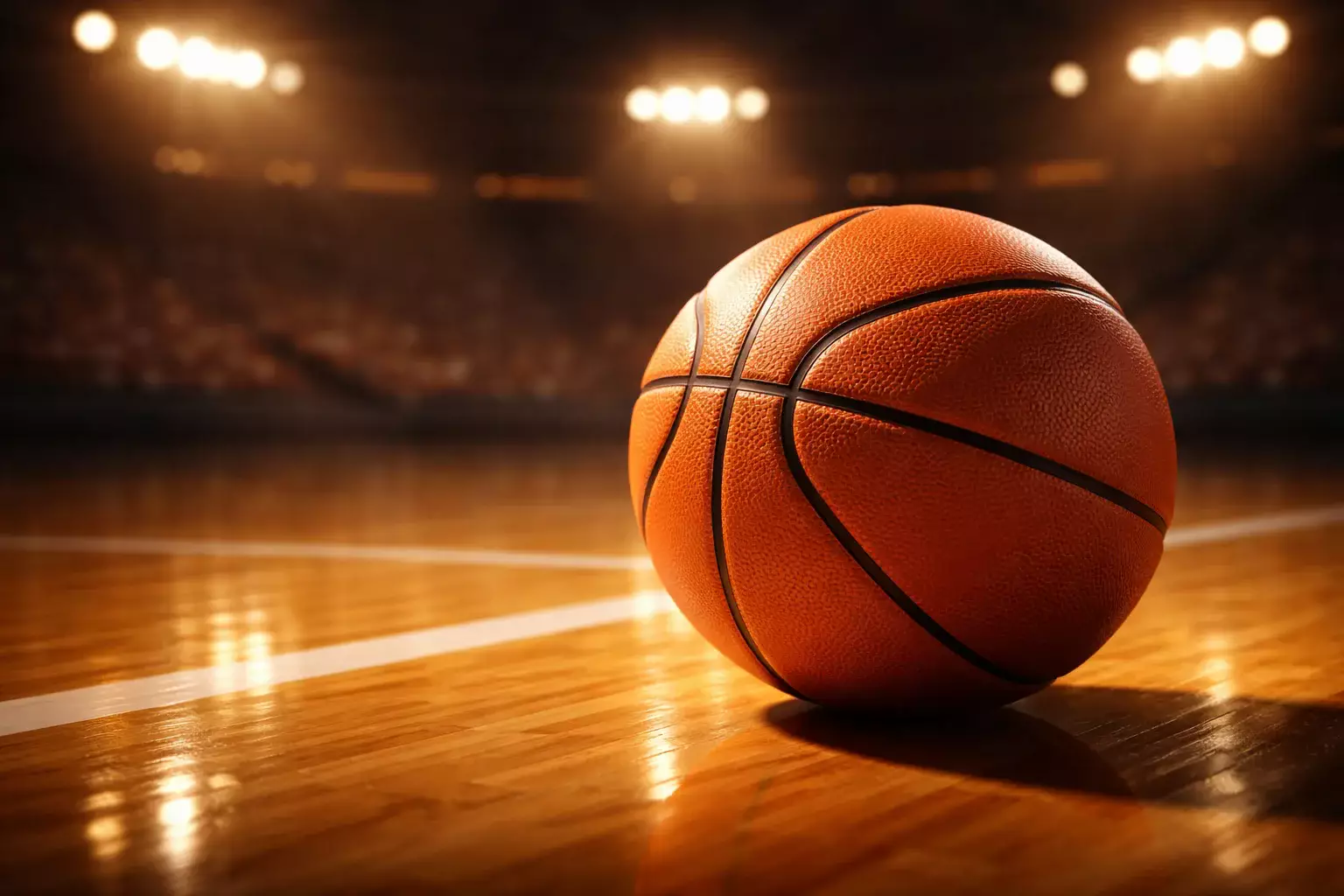 Pallone da basket su campo illuminato durante una partita professionistica