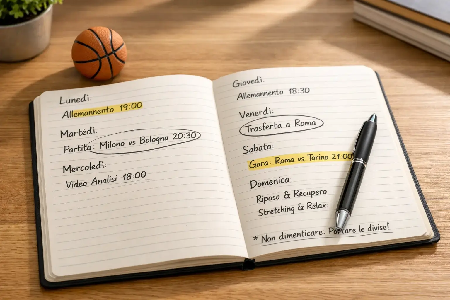 Planner aperto con partite di basket segnate e una penna su una scrivania
