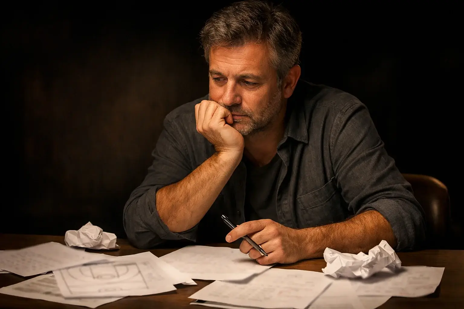 Scommettitore pensieroso davanti a fogli di appunti sul basket con espressione riflessiva