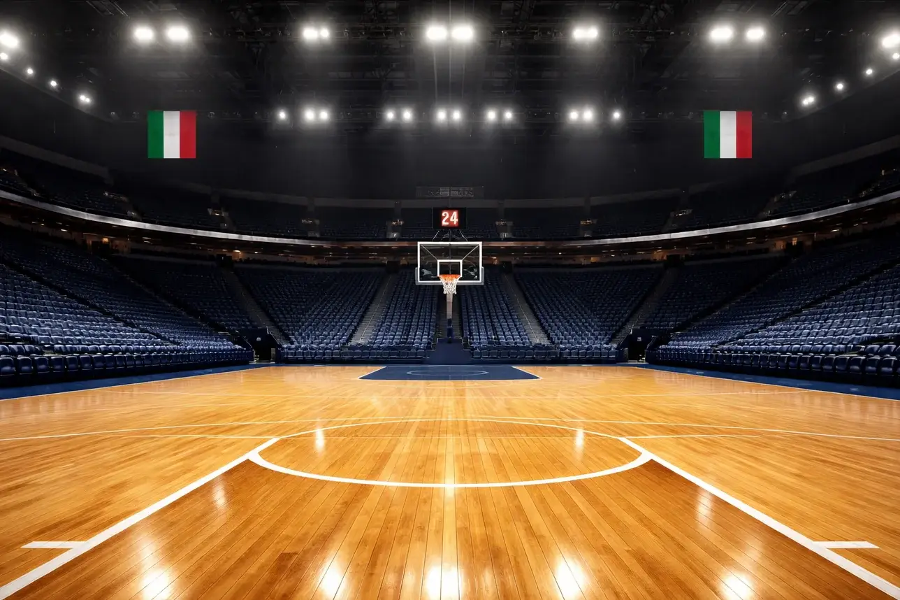 Palazzetto di basket gremito con tifosi che sostengono la squadra di casa