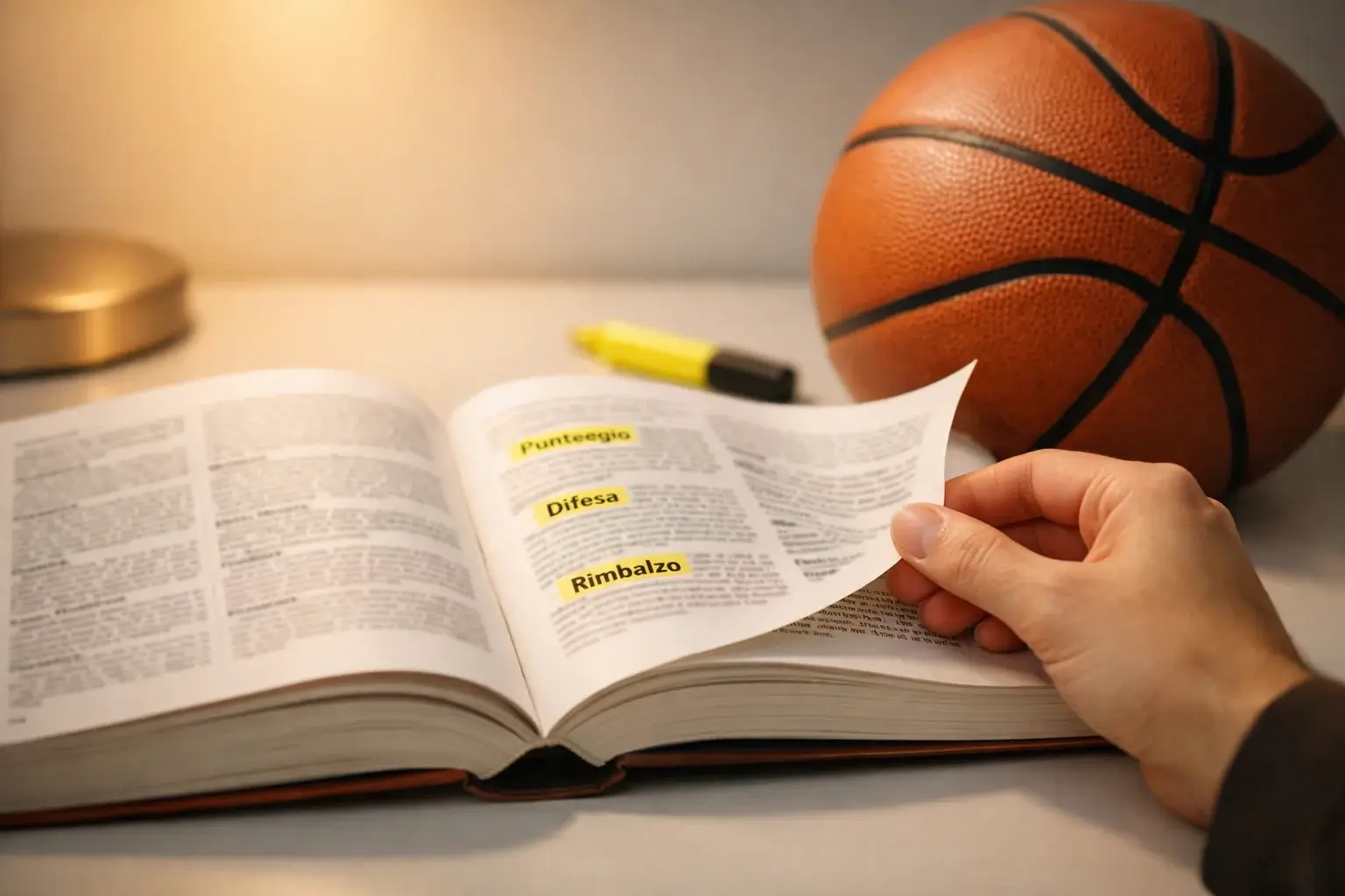 Primo piano di un vocabolario aperto con termini sportivi evidenziati e un pallone da basket