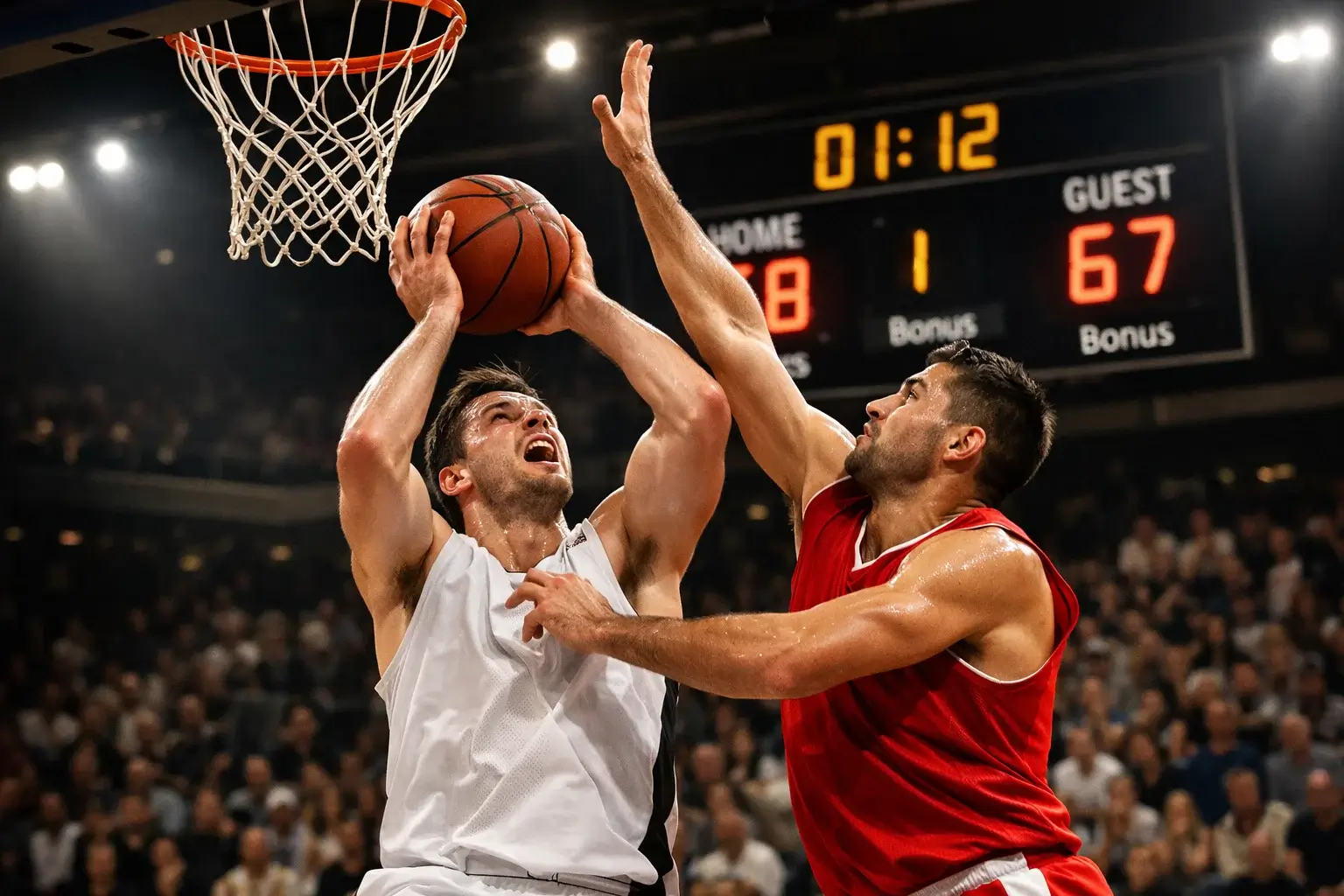 Partita di pallacanestro con tabellone segnapunti visibile durante un'azione sotto canestro