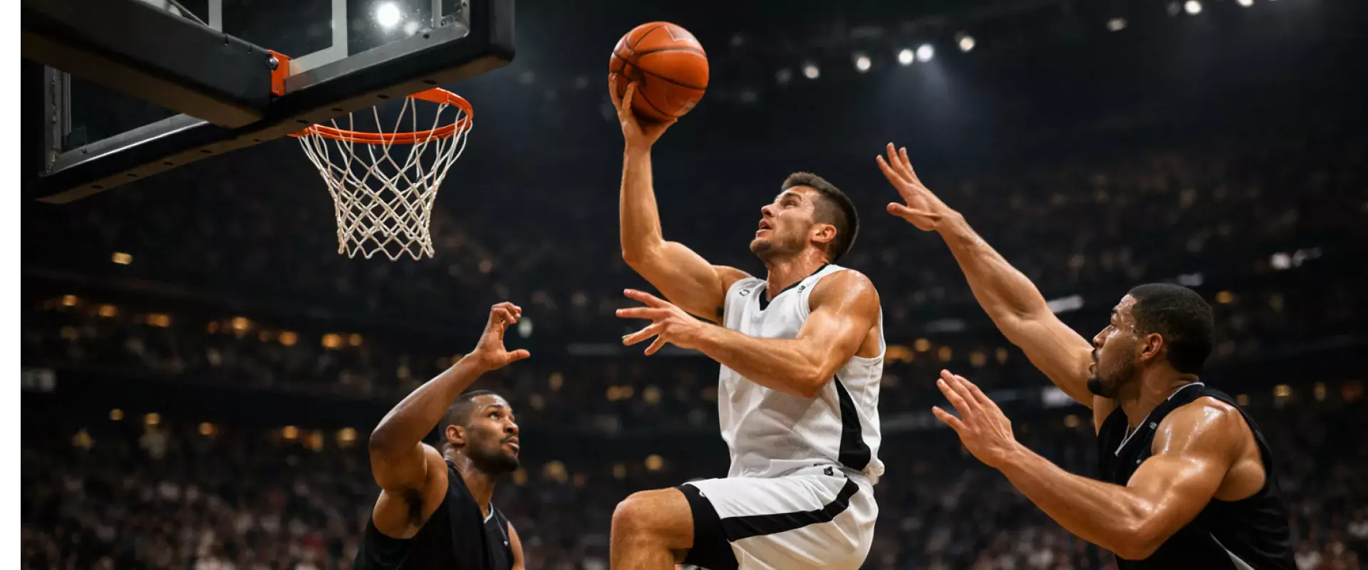 Partita di pallacanestro in arena con giocatori in azione