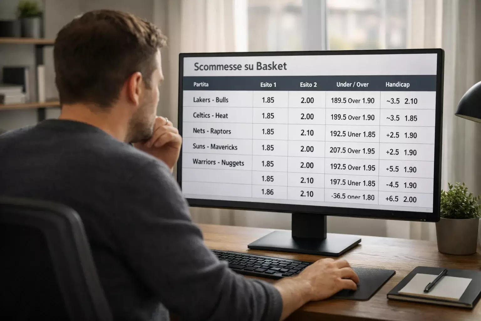 Schermo con mercati e quote per scommesse basket