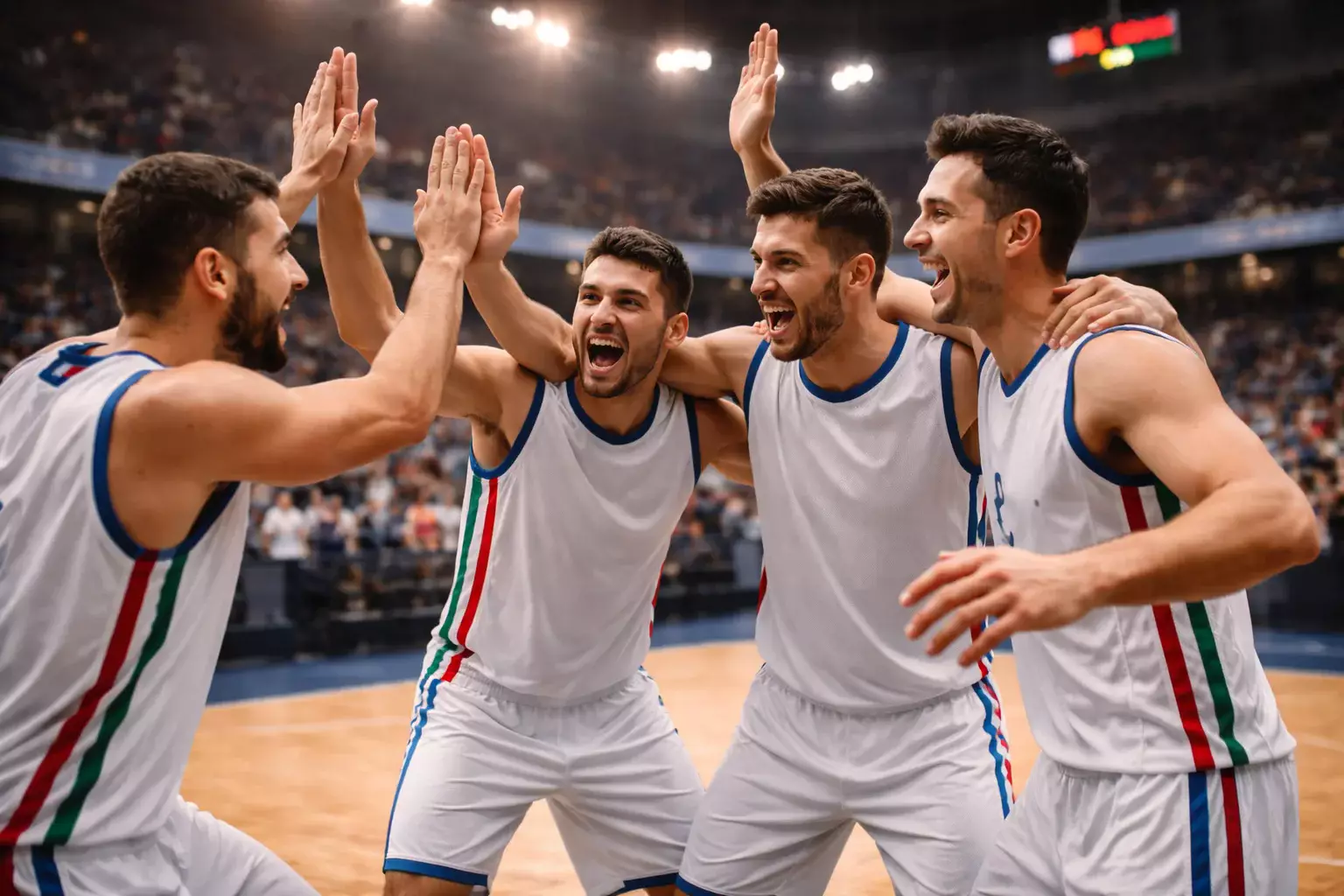 Giocatori di basket che festeggiano una vittoria