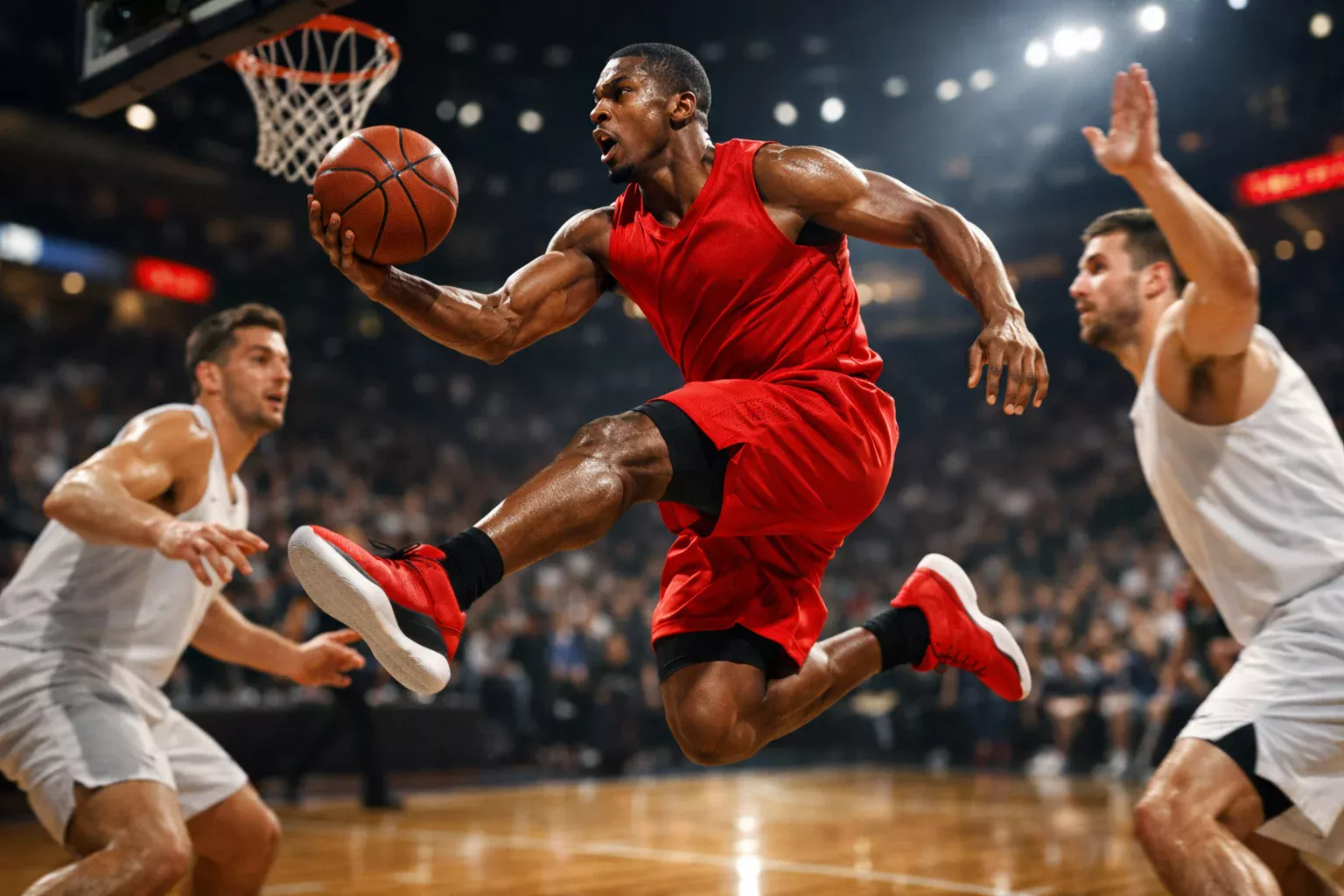 Giocatore NBA in azione durante una partita di basket americano
