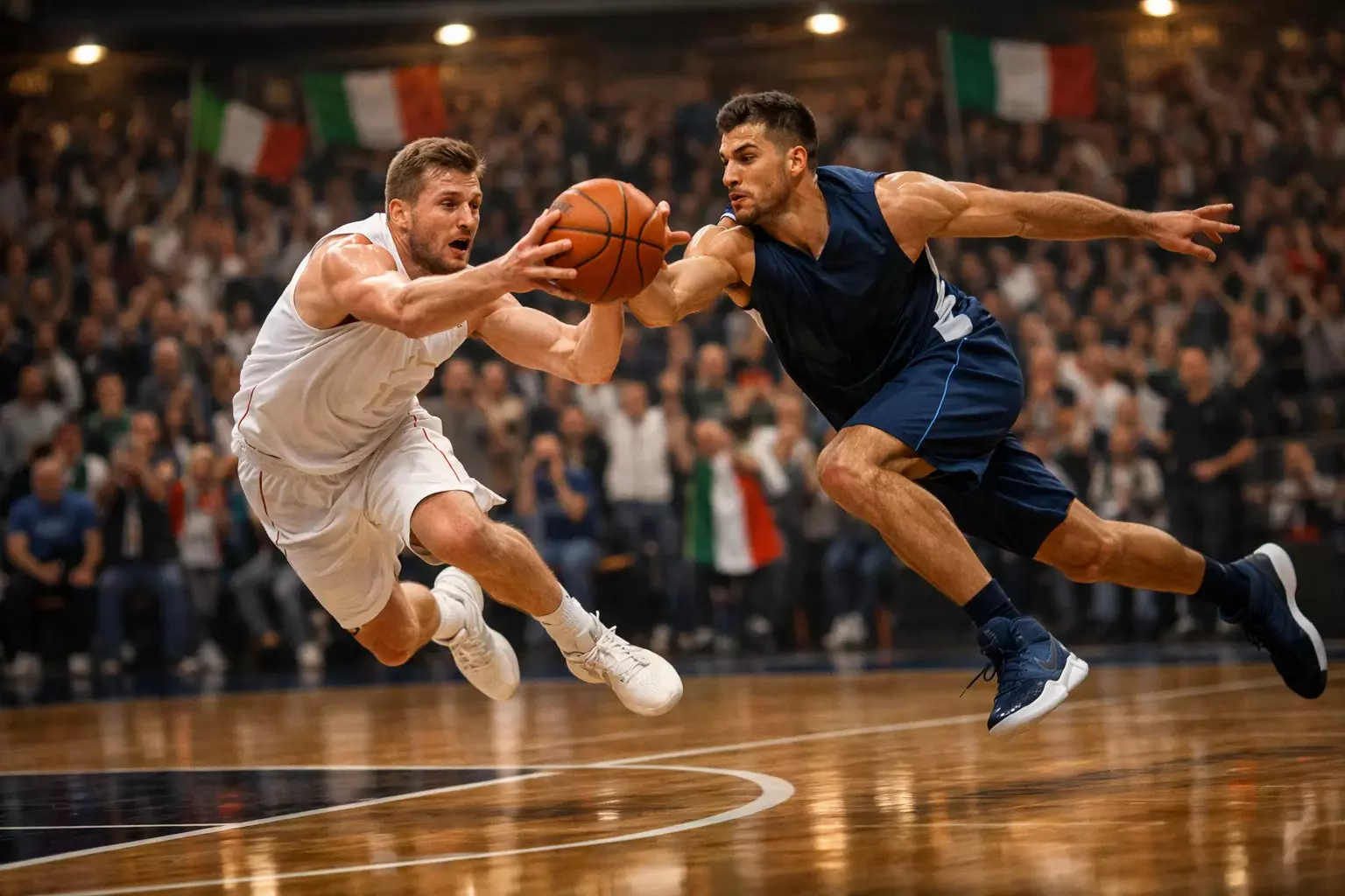 Partita di pallacanestro Serie A italiana in un palazzetto gremito