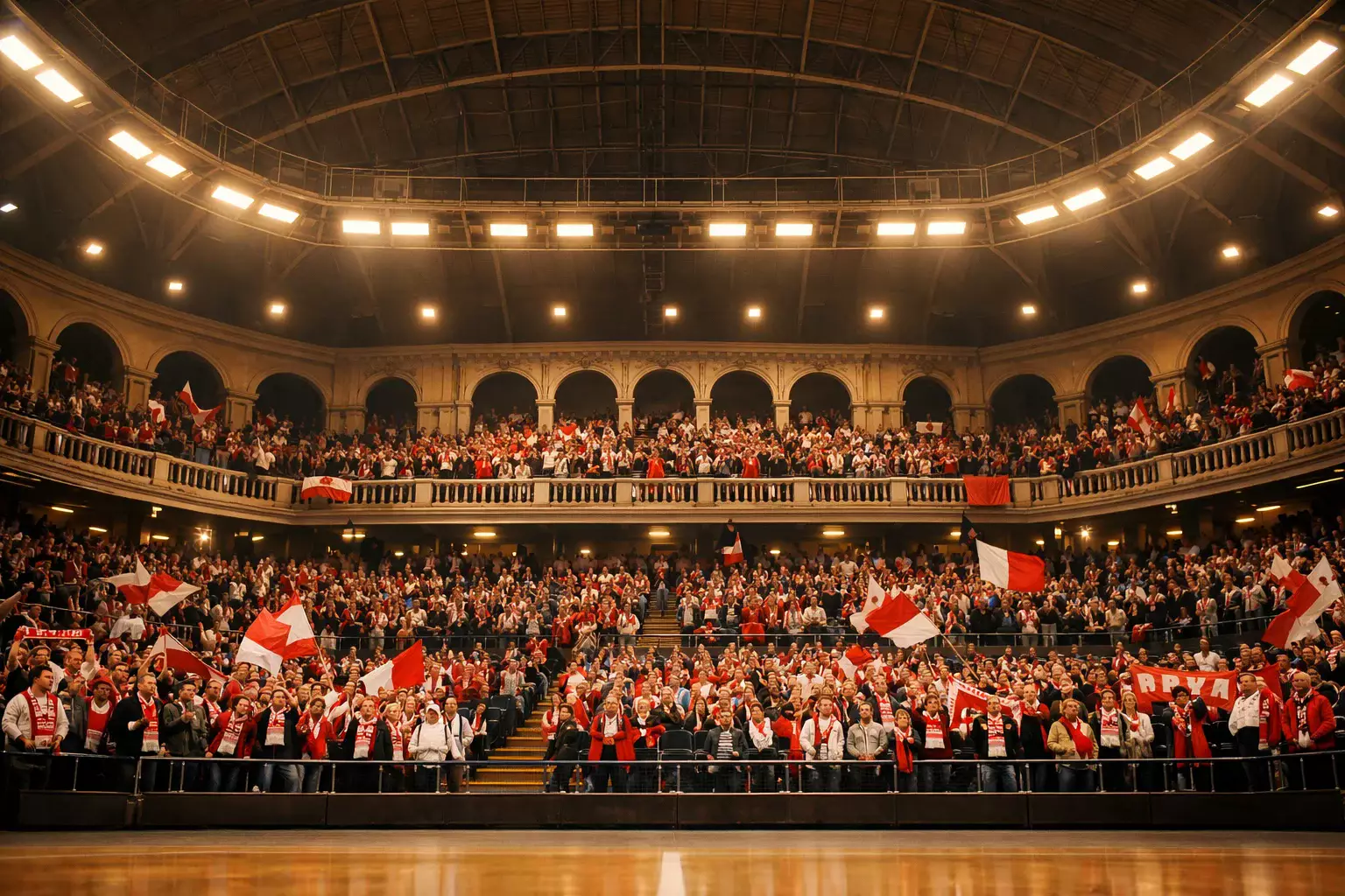 Storico palazzetto del basket italiano con tifosi appassionati