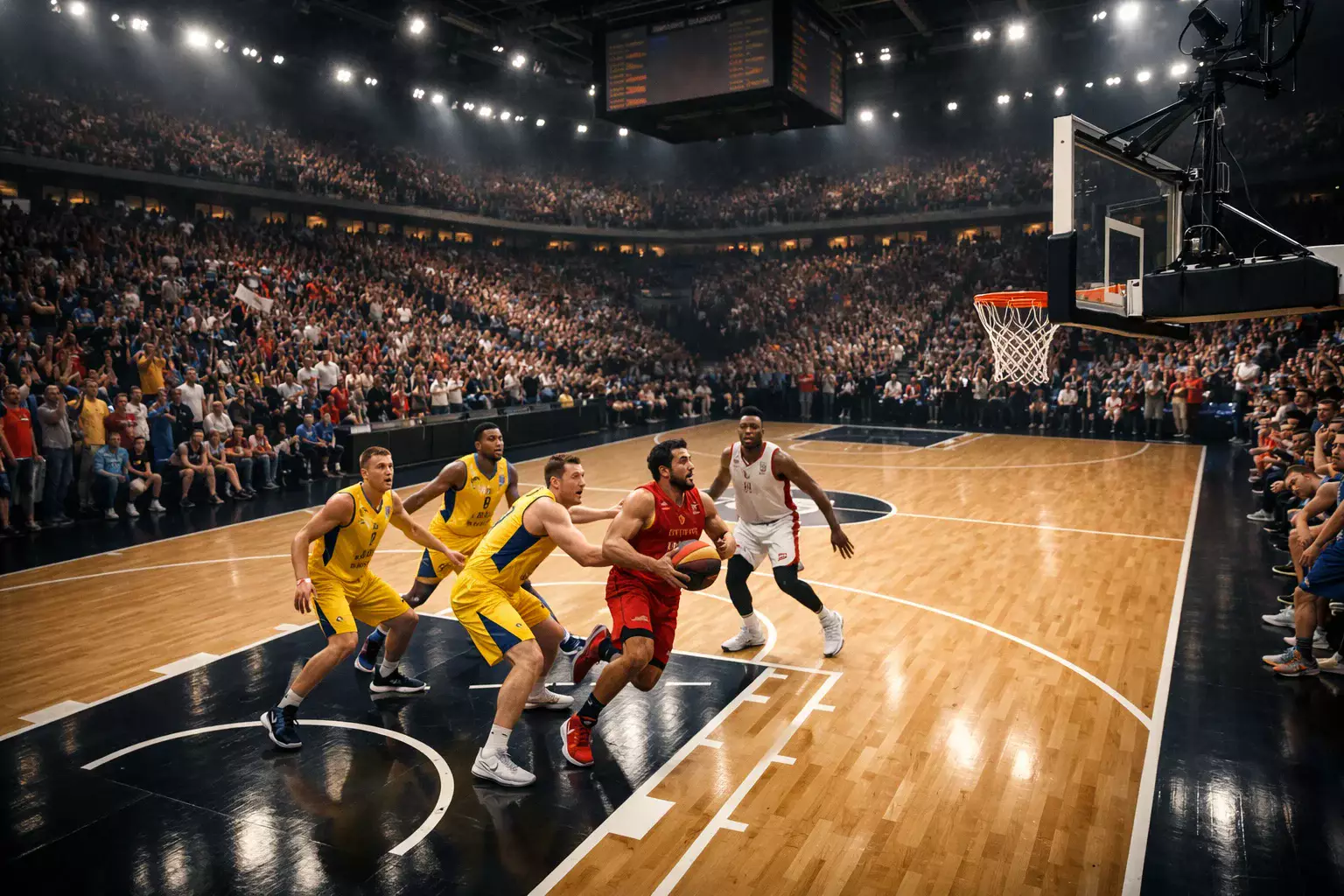 Partita di basket Eurolega in un palazzetto europeo con tifosi