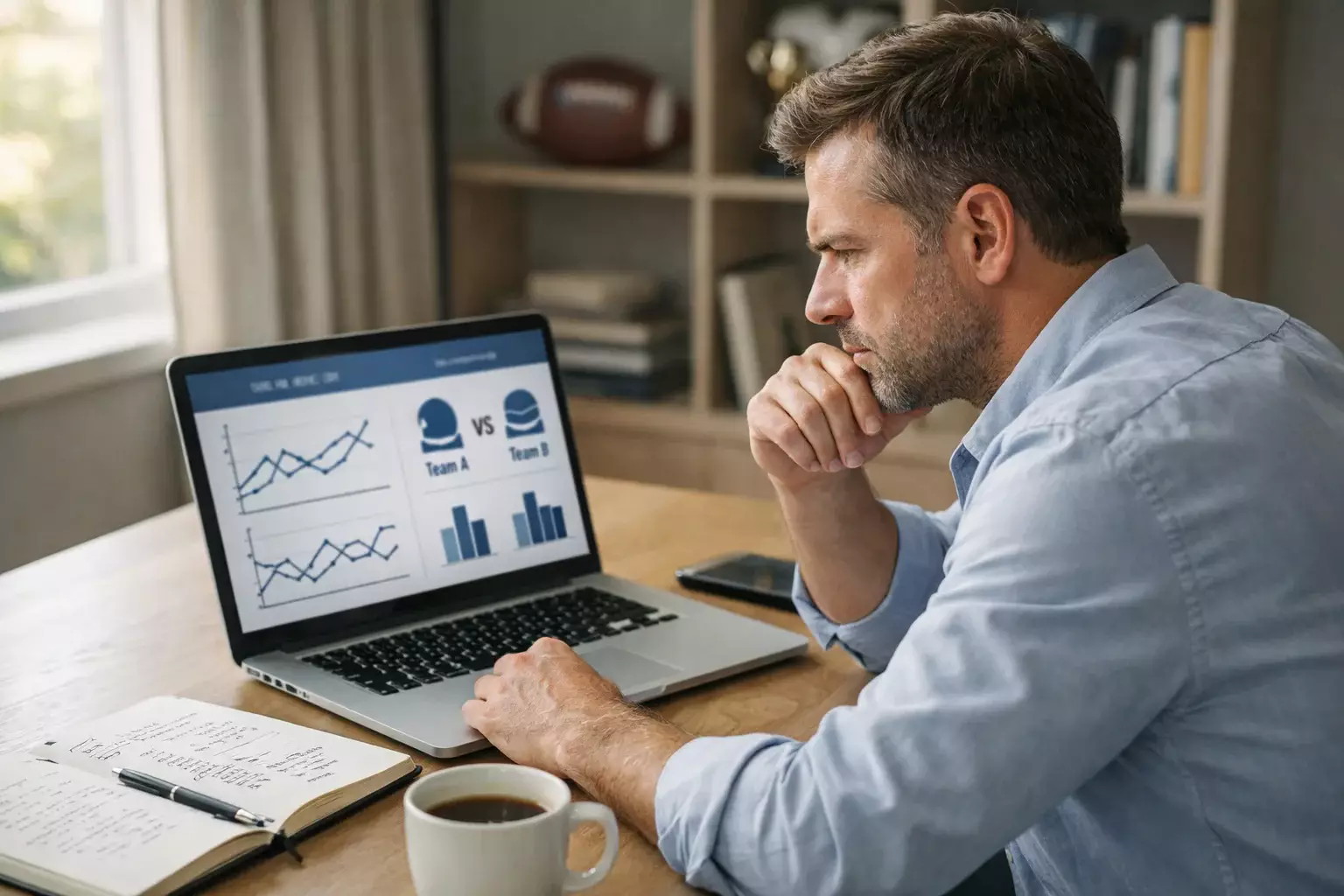 Analista sportivo che studia statistiche di basket su notebook