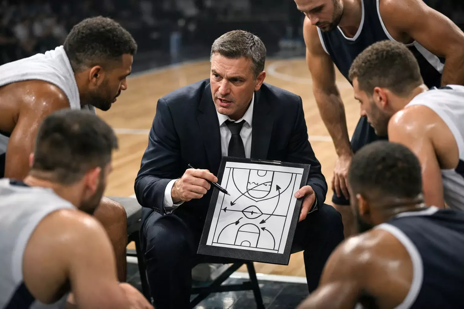 Allenatore di basket che spiega la strategia alla squadra