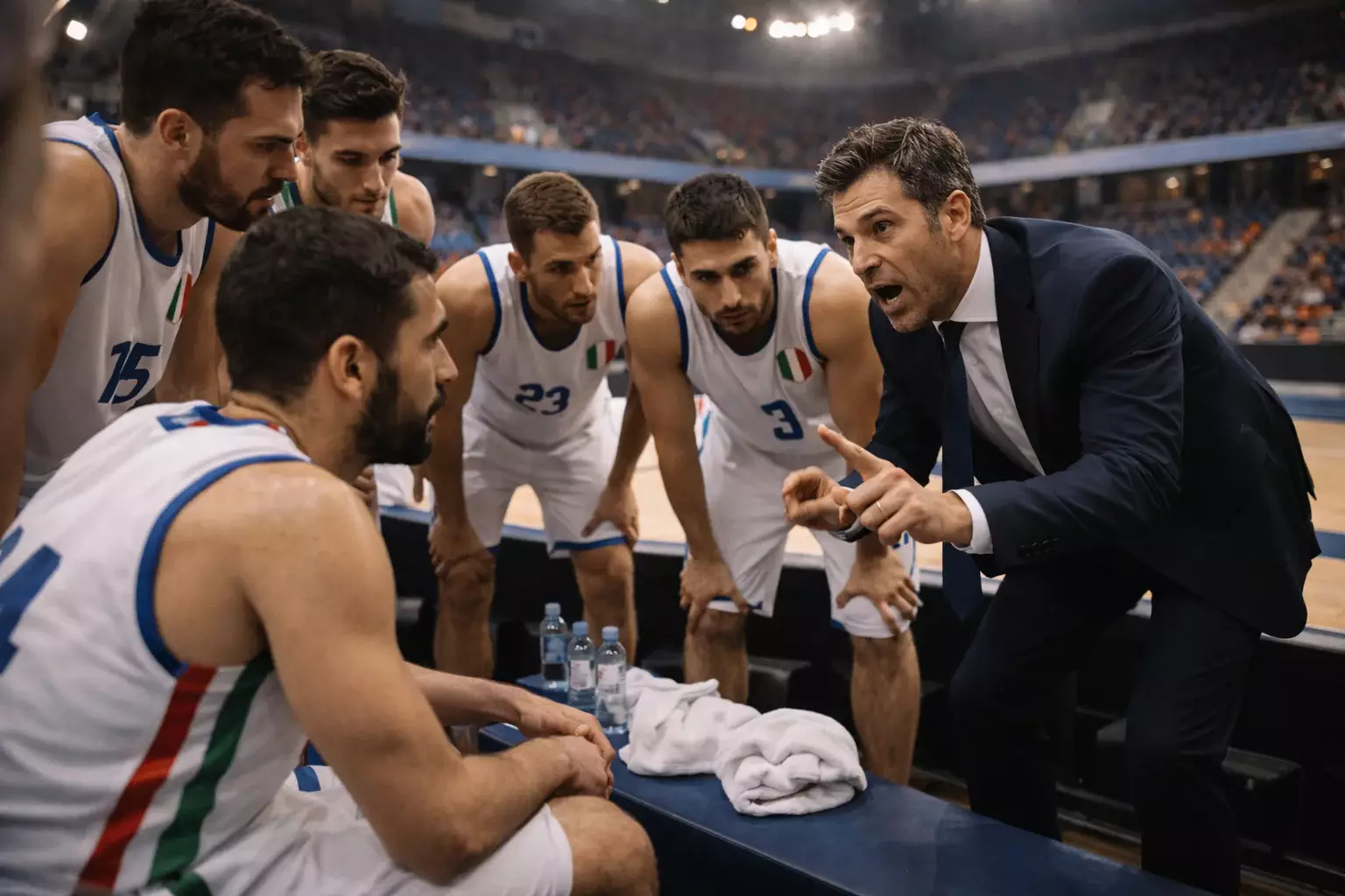 Squadra italiana di basket Eurolega durante il timeout