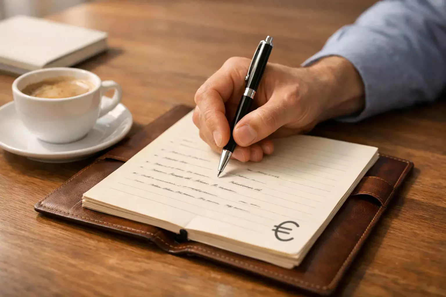 Persona che prende appunti su quaderno con simbolo &euro; accanto