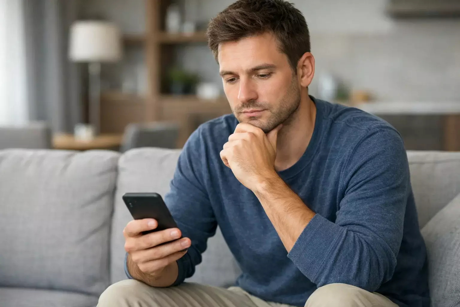 Scommettitore concentrato che valuta opzioni su smartphone