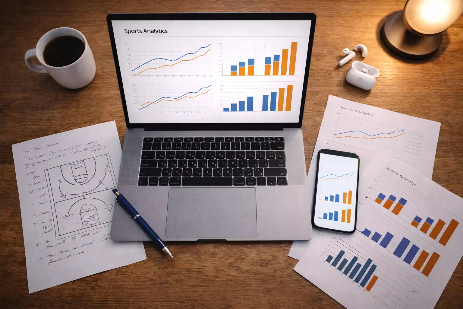 Scrivania con notebook, smartphone e documenti di analisi sportiva