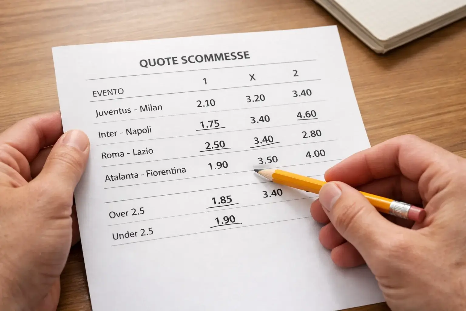 Persona che confronta quote sportive su un documento con appunti