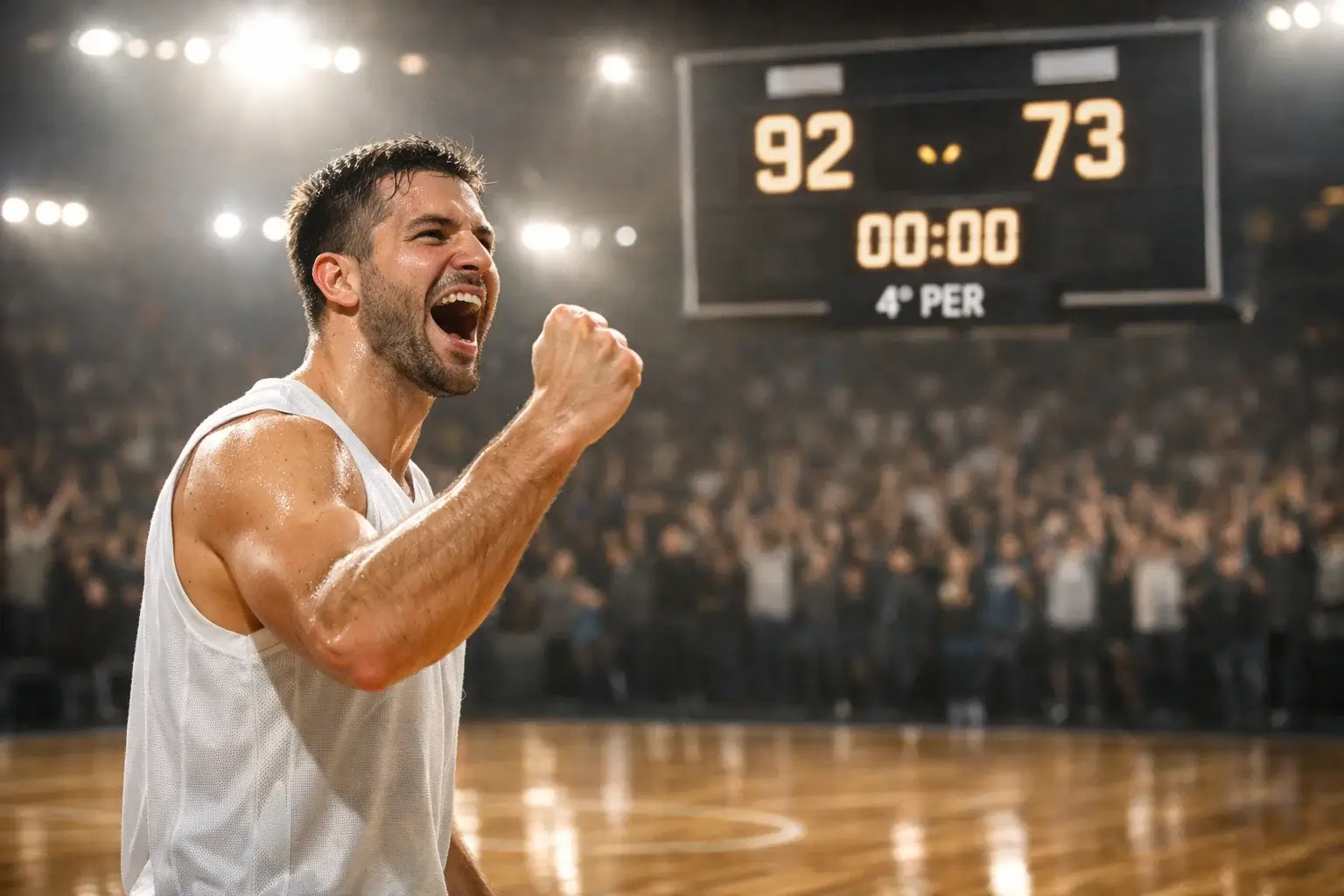 Giocatore di basket esulta dopo un canestro decisivo con il tabellone sullo sfondo
