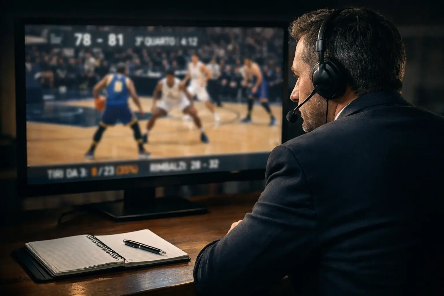 Analista sportivo davanti a uno schermo con una partita di basket NBA in corso