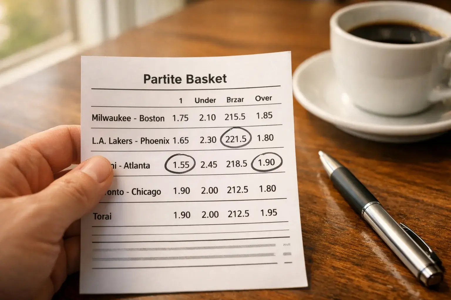 Mano che tiene una schedina di scommesse sportive con partite di basket cerchiate