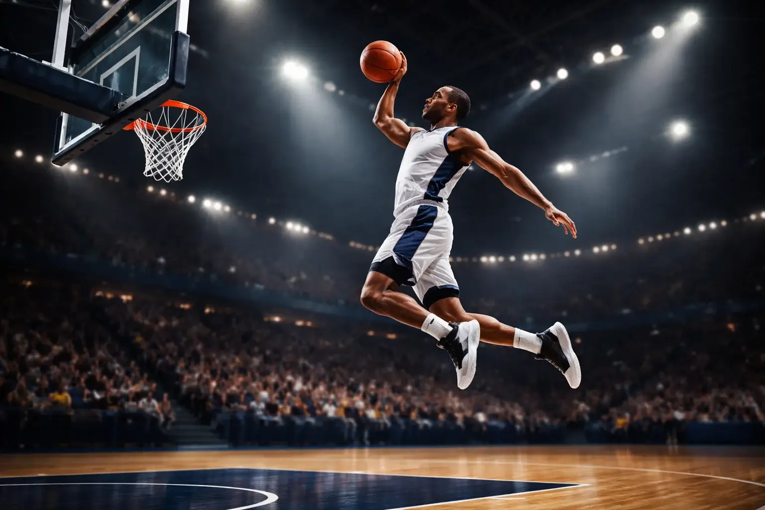 Giocatore di basket in azione durante un tiro a canestro in un palazzetto illuminato