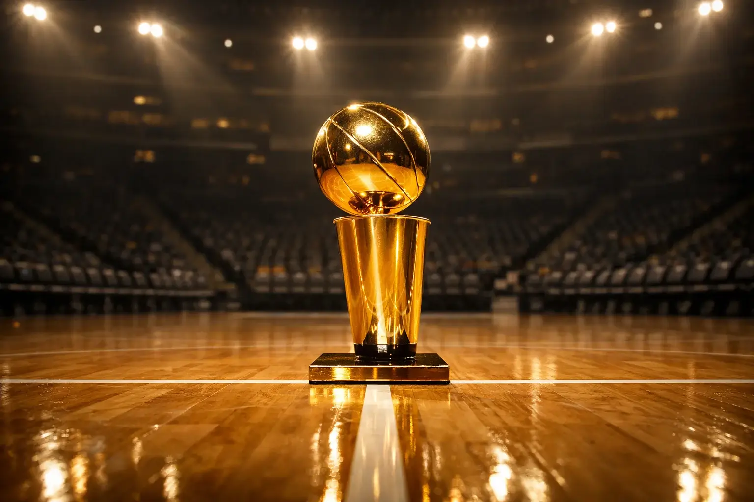 Trofeo di campionato di basket su un parquet illuminato con riflessi dorati