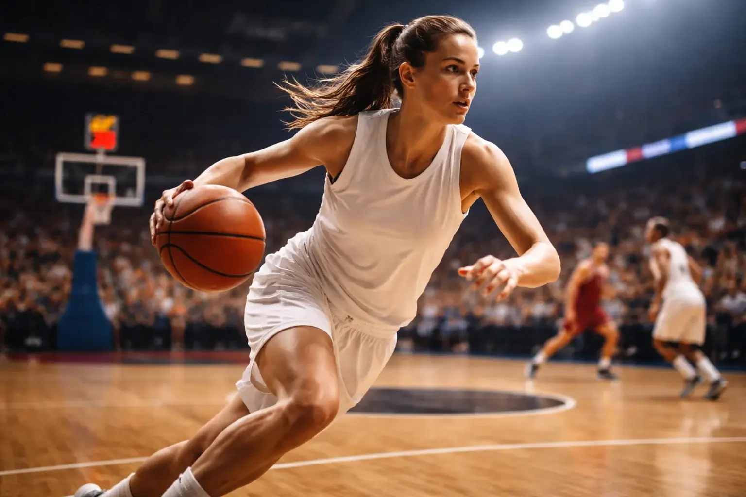 Giocatrice di basket femminile in azione durante una partita su campo indoor