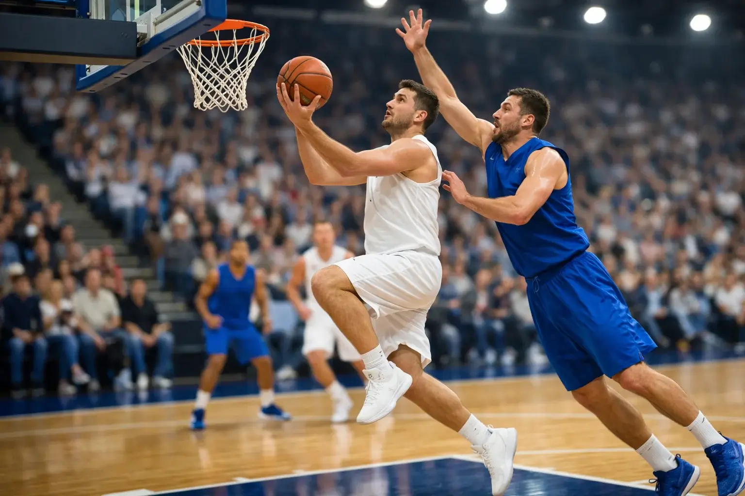 Partita di basket in un campionato europeo con tifosi sugli spalti