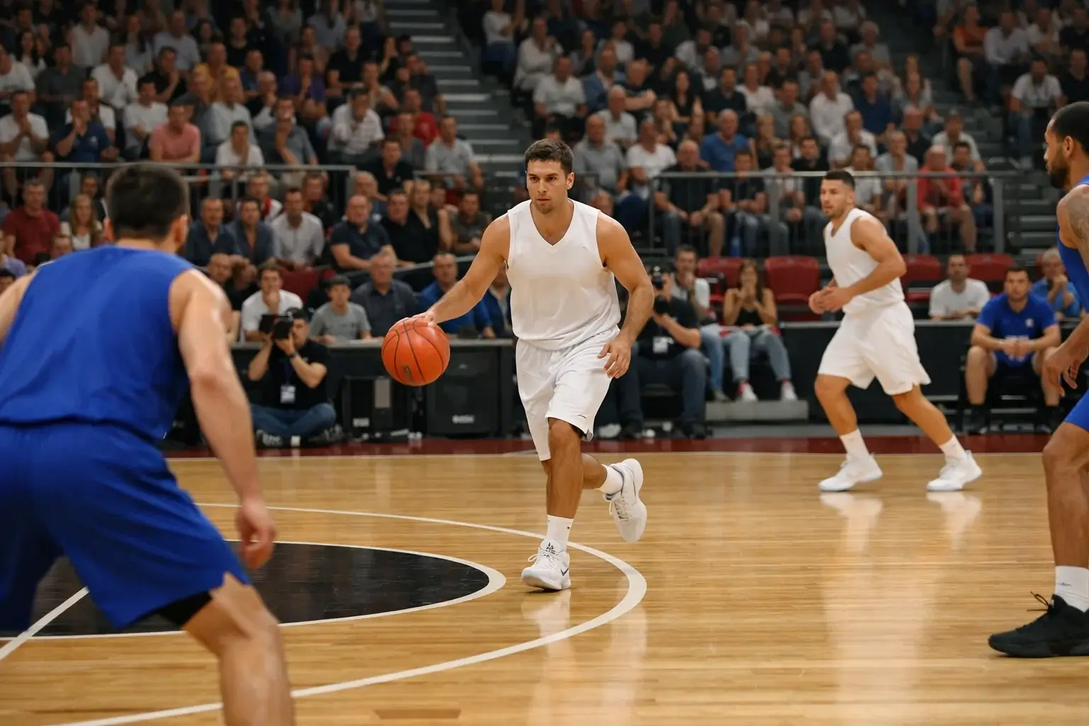 Giocatore di basket in azione durante una partita di coppa europea