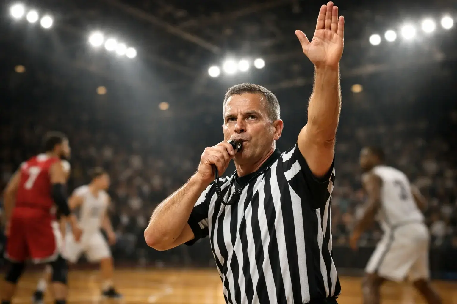 Arbitro di basket che fischia un fallo durante una partita su campo in parquet