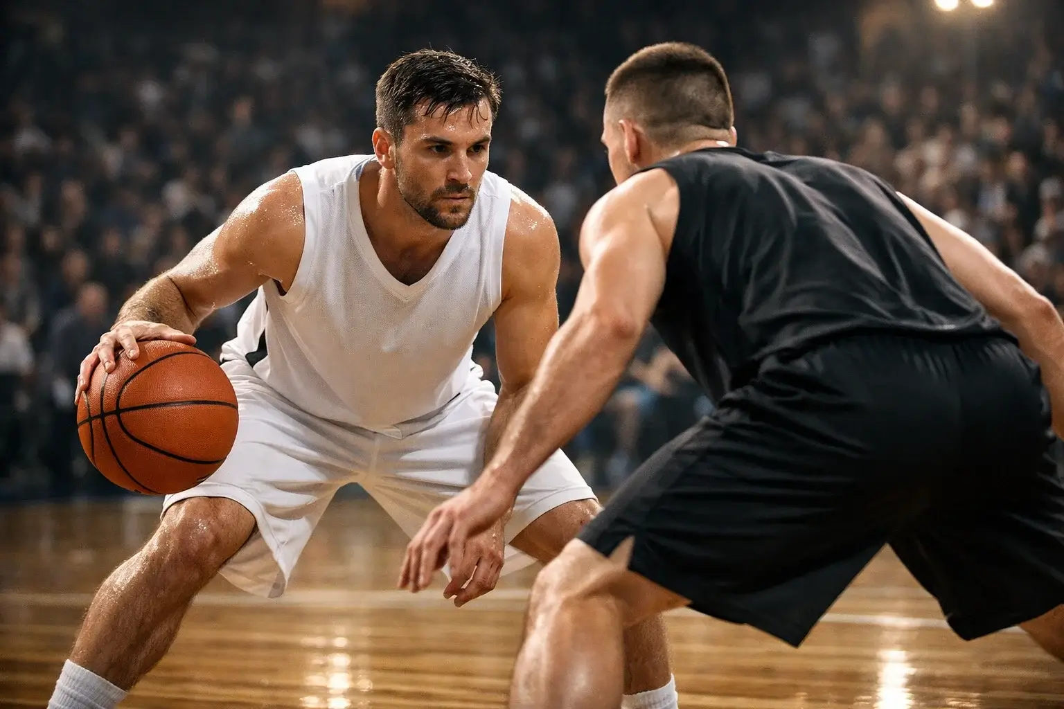Giocatore di basket NBA in primo piano durante un palleggio con difensore davanti