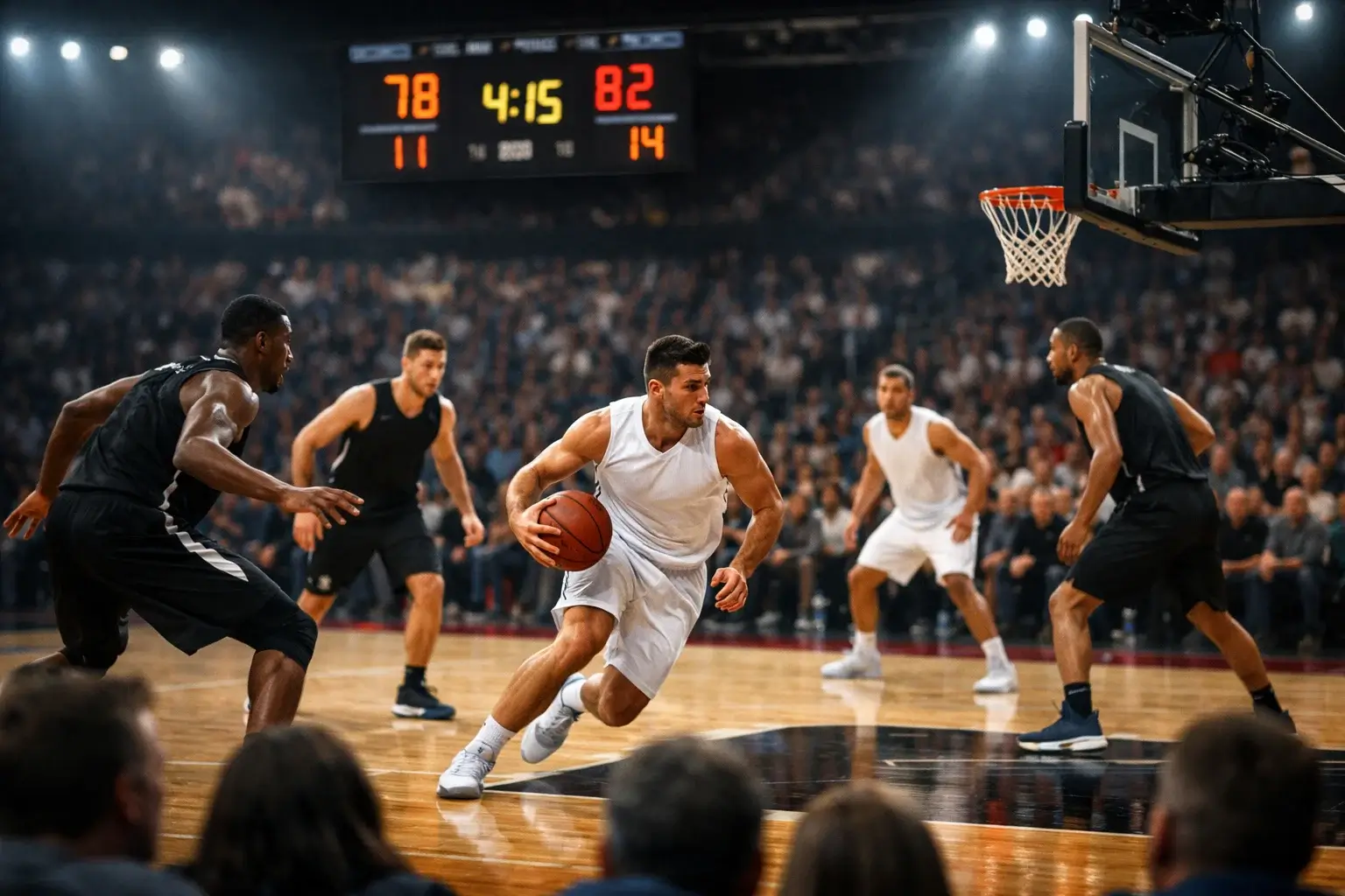 Partita di basket in corso vista dalla tribuna con tabellone segnapunti illuminato