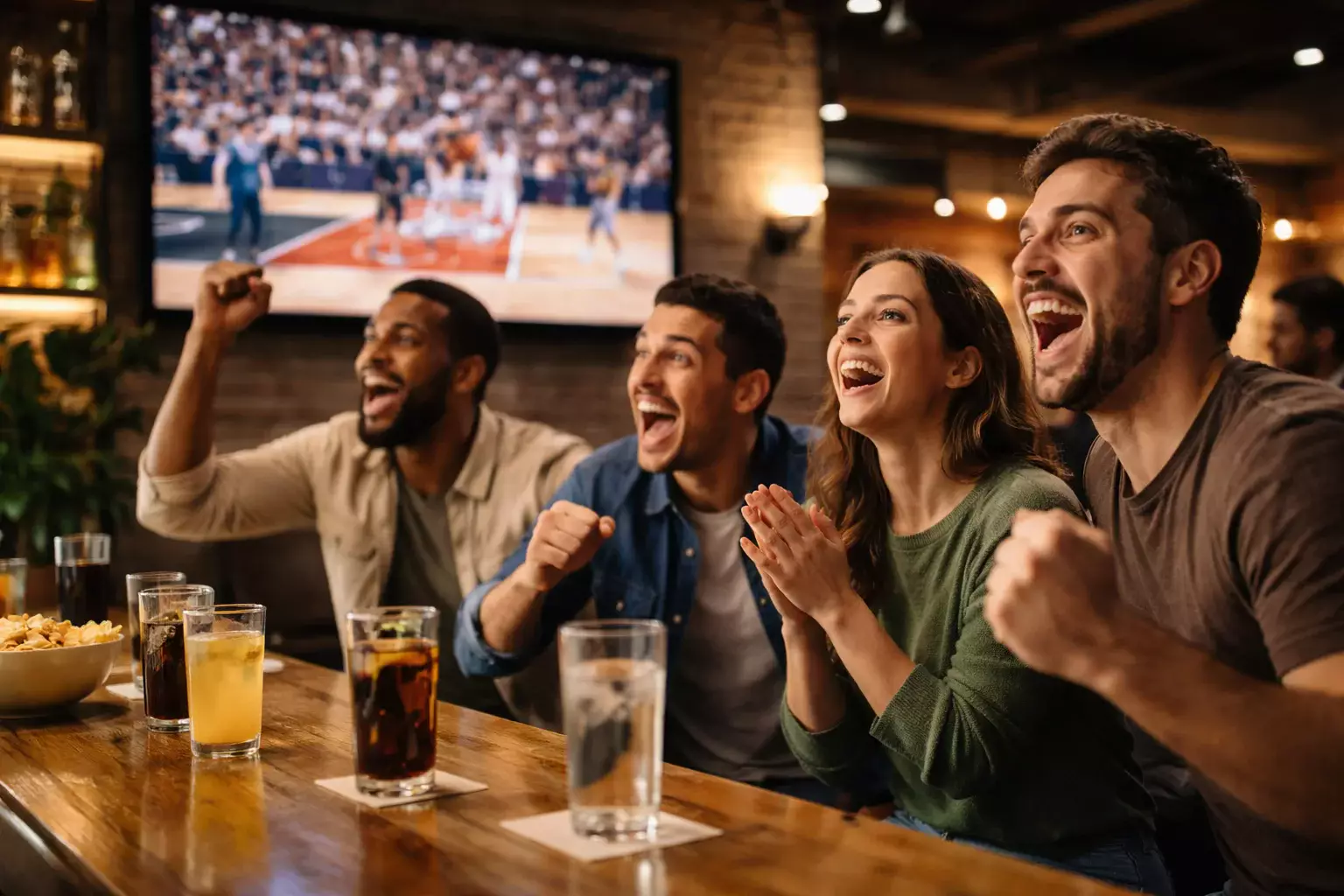 Tifosi che guardano una partita di basket su grande schermo in un locale