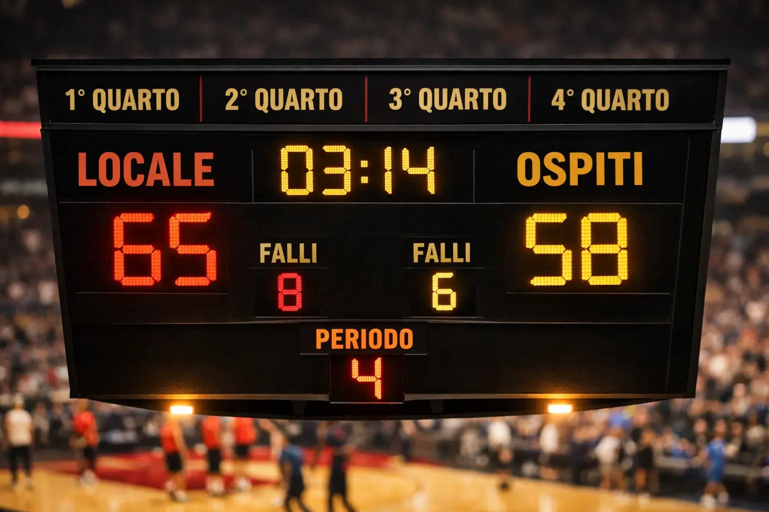 Tabellone segnapunti di basket che mostra i punteggi per quarto in un palazzetto