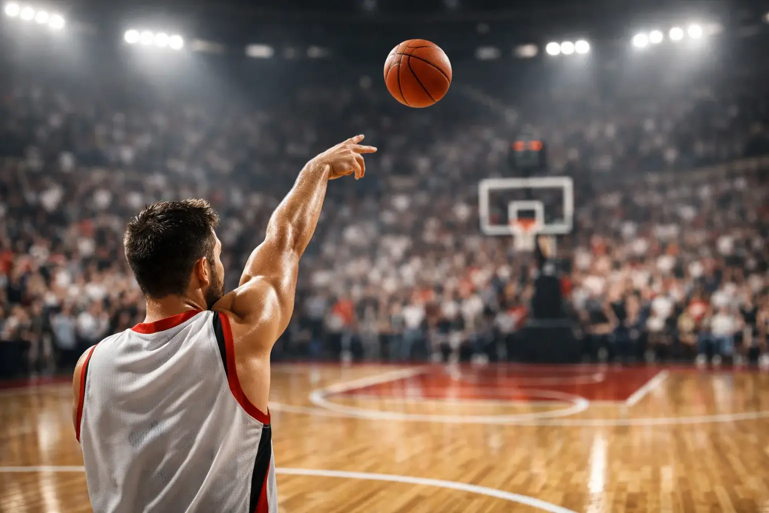 Azione di gioco a basket con tiro da tre punti in un palazzetto affollato