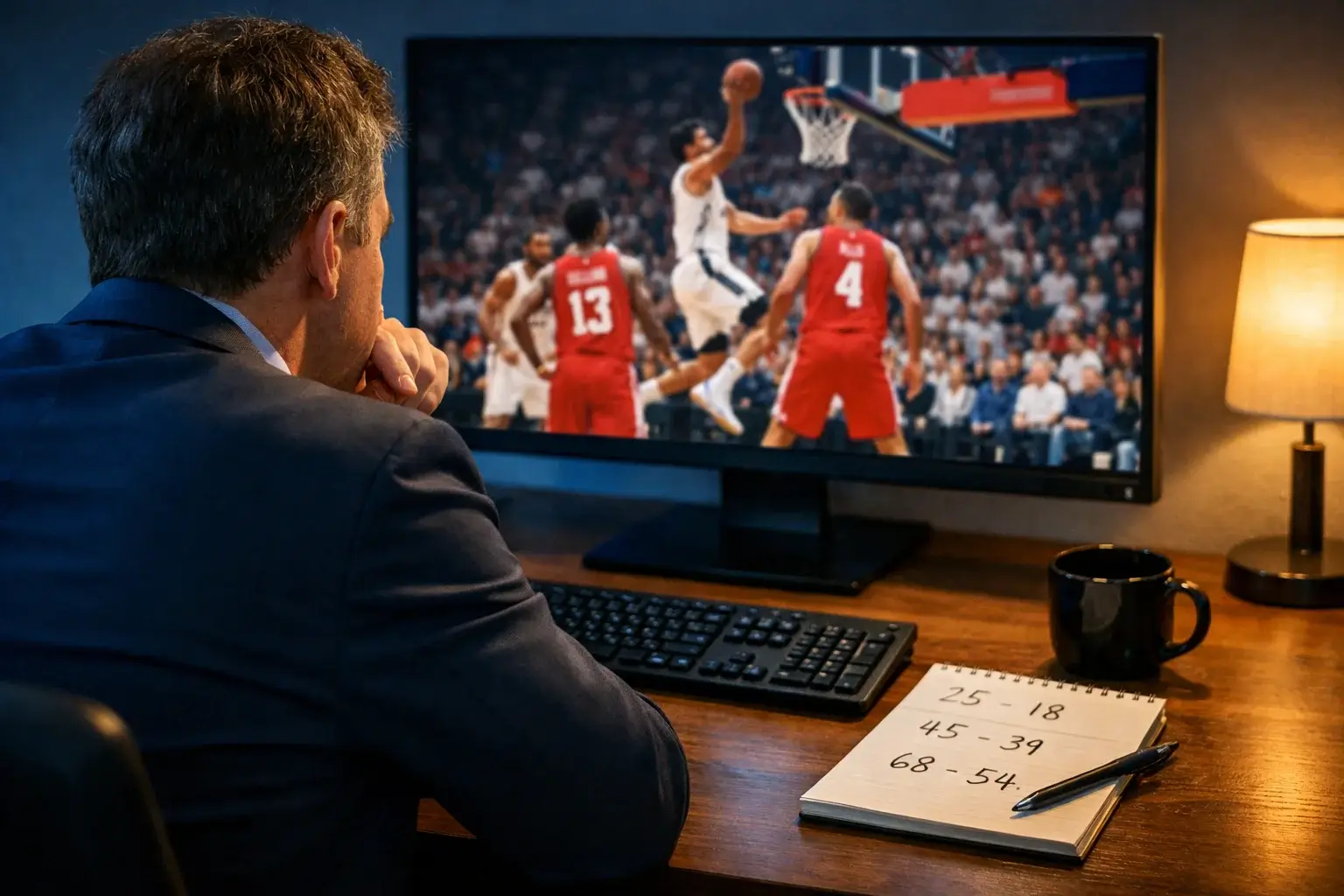 Analista sportivo che studia statistiche di basket su un monitor