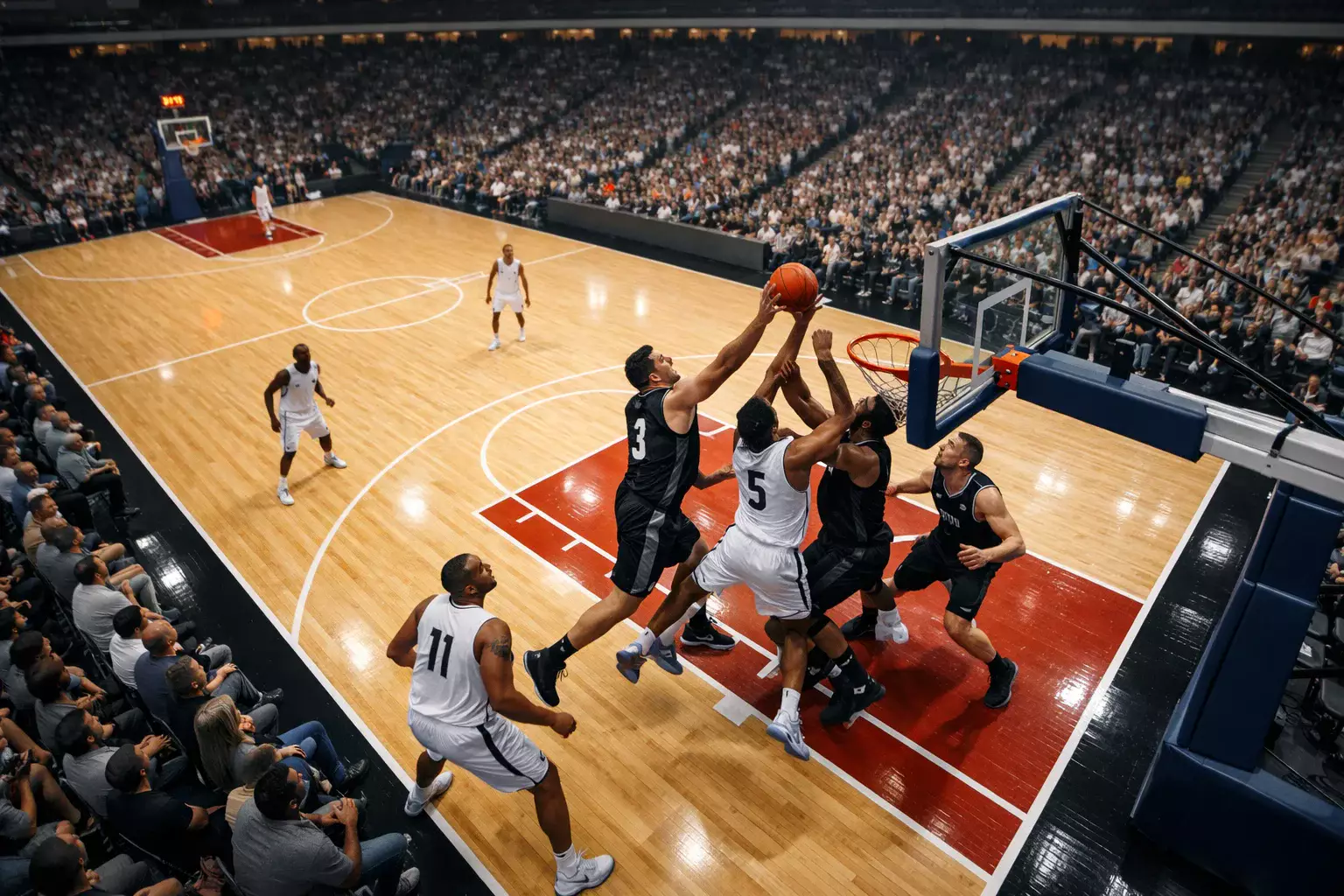 Giocatori di basket in azione durante una partita NBA vista dalle tribune
