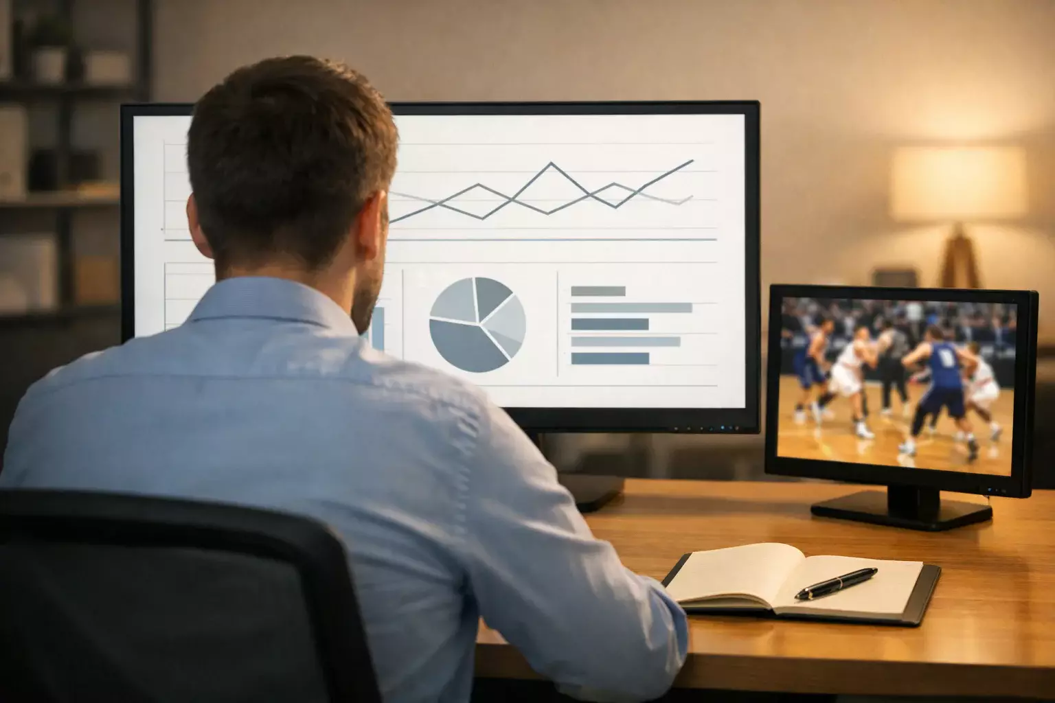 Analista sportivo che studia grafici e dati statistici del basket