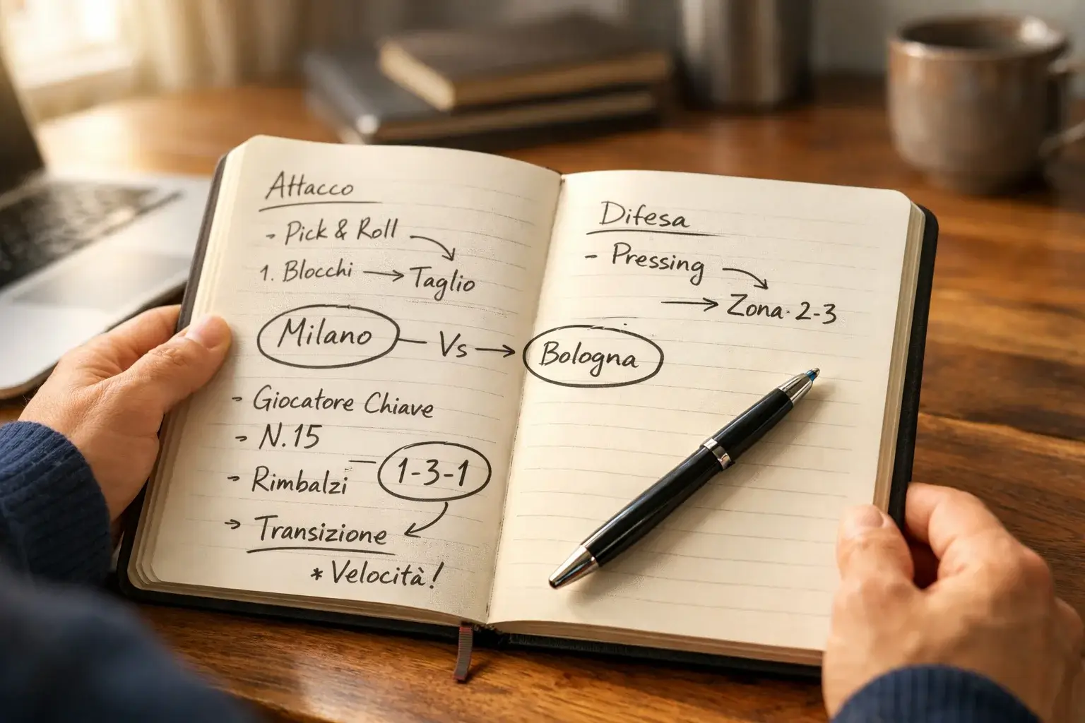 Persona che analizza statistiche di basket su un quaderno con appunti