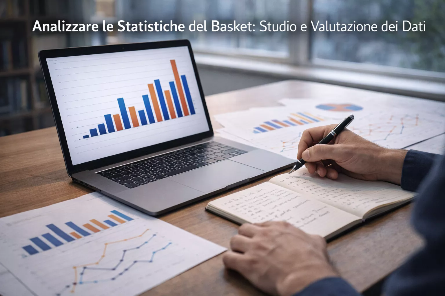 Persona che analizza statistiche di pallacanestro su laptop e documenti