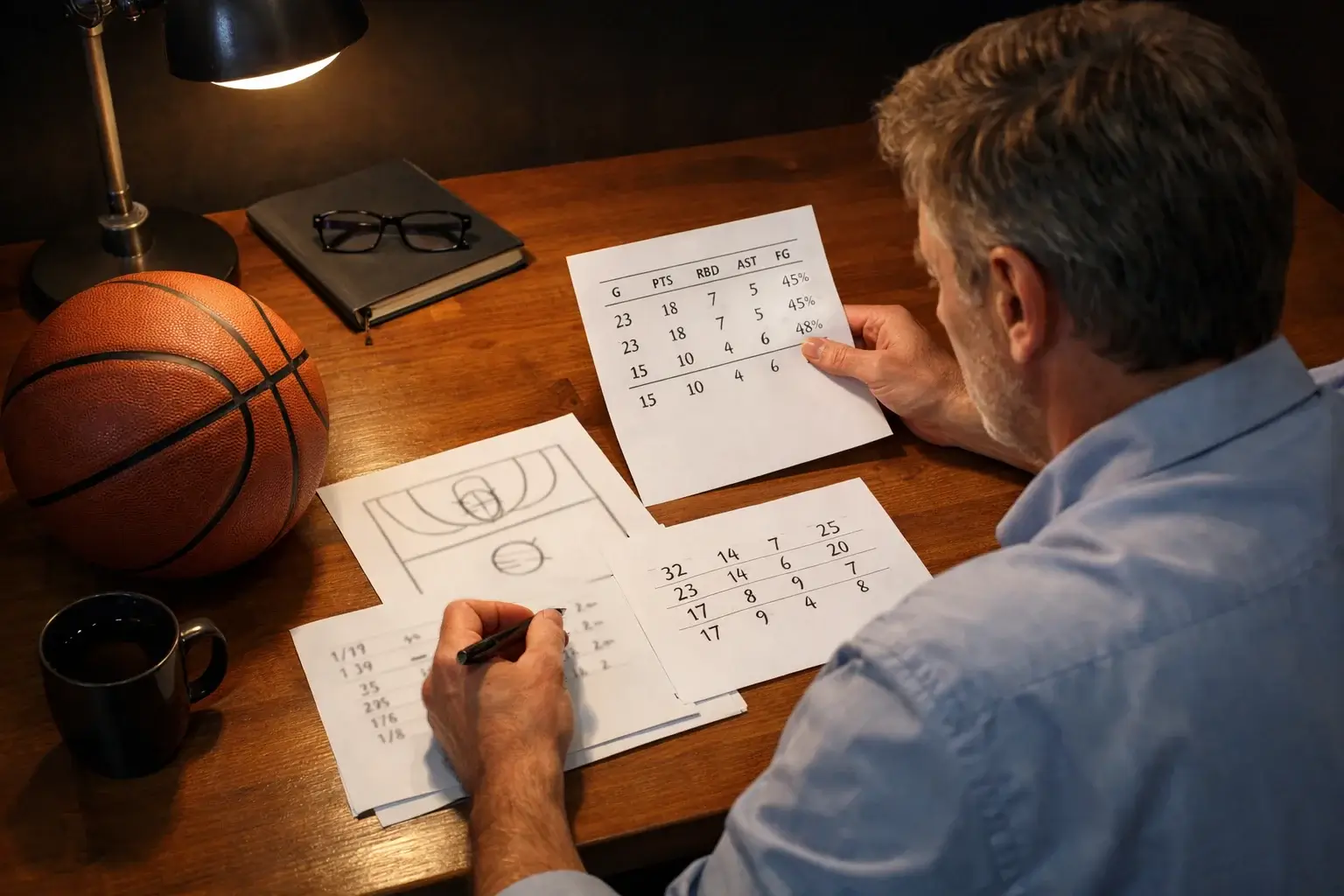 Analista sportivo che studia statistiche di basket su fogli e appunti